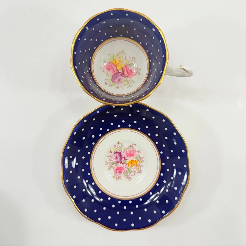 RARE 1930s ROYAL ALBERT TEACUP CUP & SAUCER, COBALT BLUE POLKA JEWELED WHITE DOT